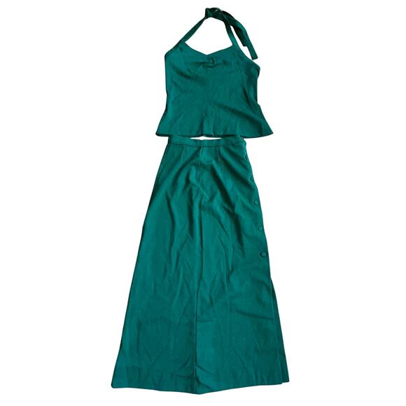 70’s two piece matching set vintage halter top skirt set green handmade - Picture 1 of 14